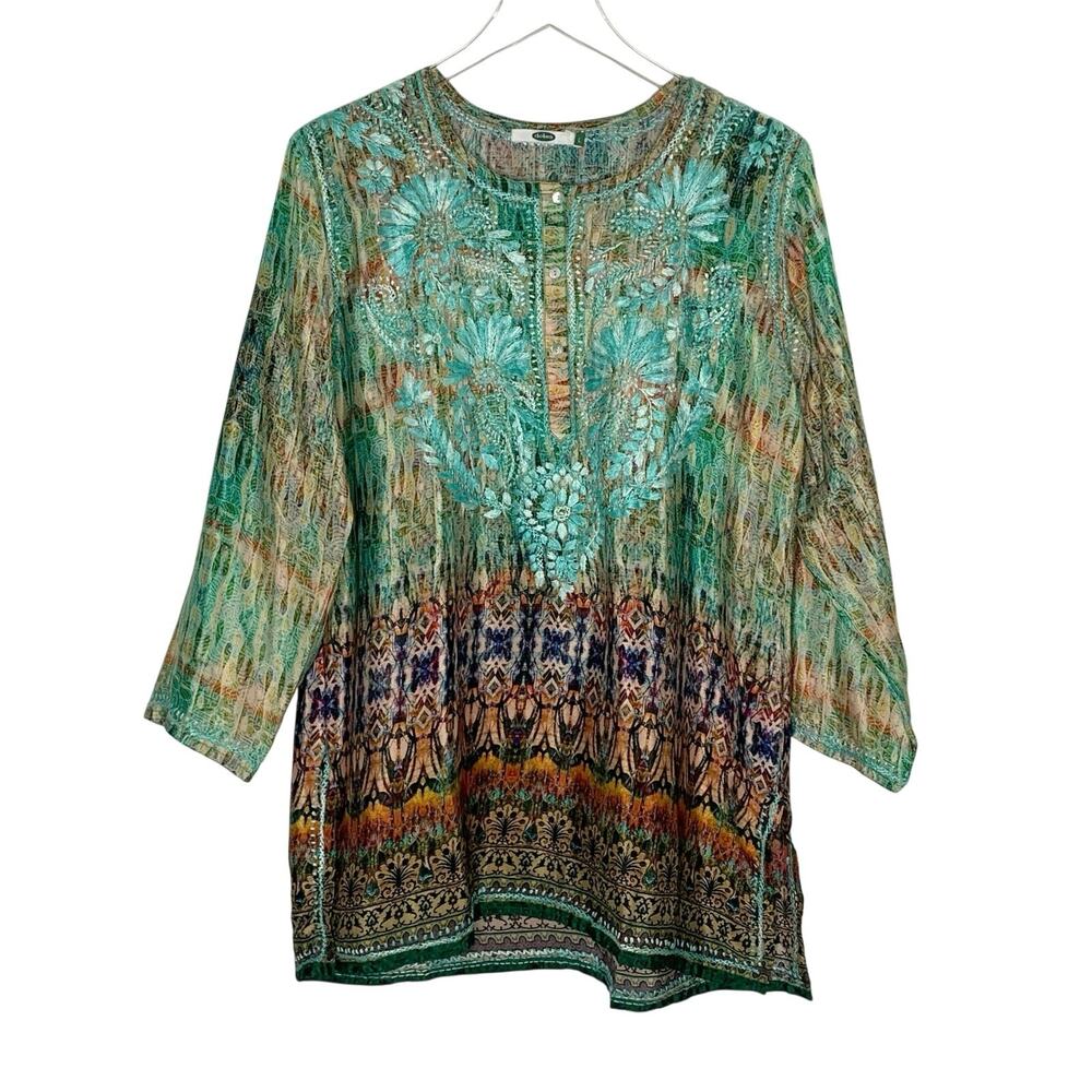 Dolma Womens Embroidered Silk Tunic Top L Turquoise Silk Blend Boho Floral